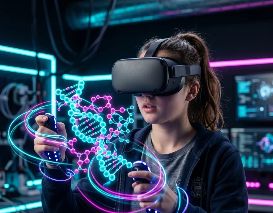 Élève manipulant une molécule d'ADN en 3D