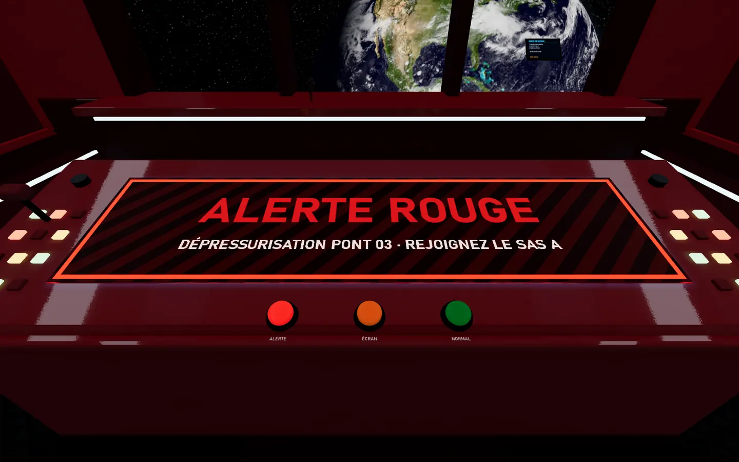 Console d'alerte rouge du vaisseau, avec trois boutons
